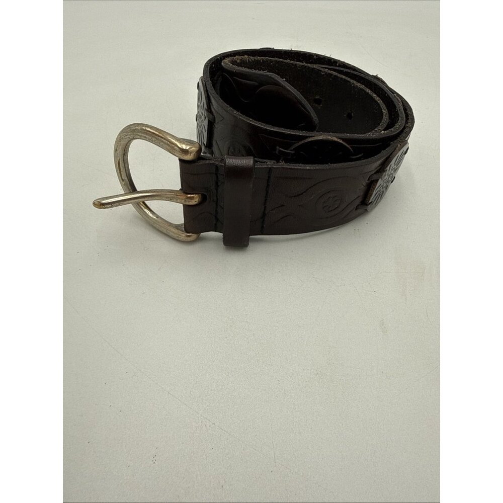 Fossil Tooled Leather belt brass buckle sz L Brown Star Sun Laced Belt 1.5" Wide